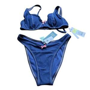 Wild Fable XS Blue Bikini Set Underwire Bra High Cut Bottom Swimwear Denim